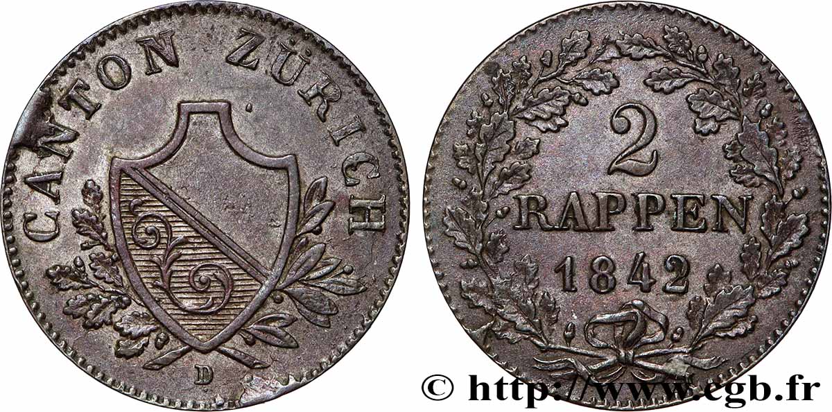 SCHWEIZ - KANTON ZÜRICH 2 Rappen 1842 VZ