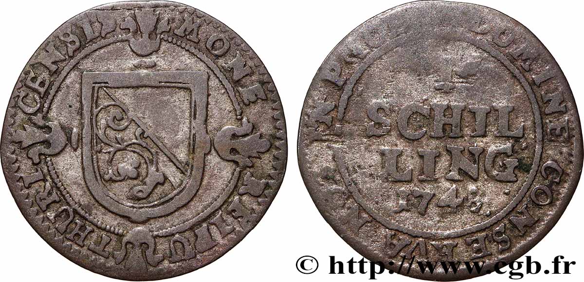 SUISSE - CANTON DE ZÜRICH 1 Schilling 1748 TB+