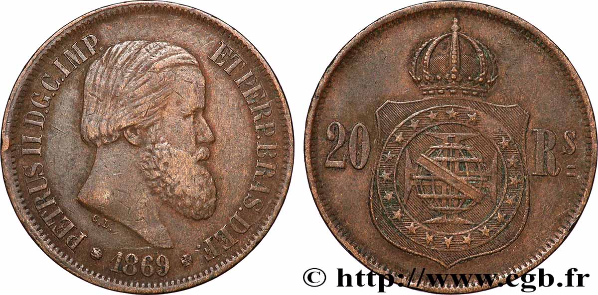 BRASILIEN 20 Réis Pierre II 1869 Rio de Janeiro SS