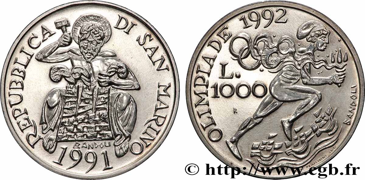 SAN MARINO 1000 Lire Jeux Olympiques de 1992 1991 Rome EBC