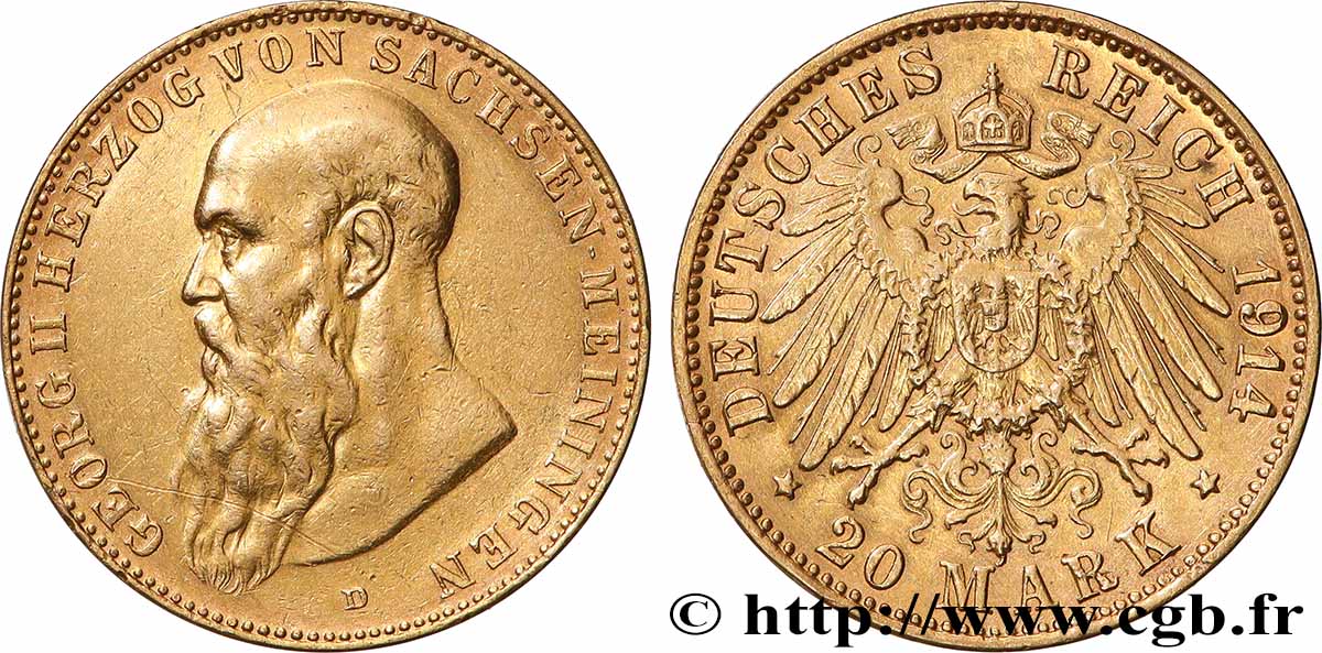 ALLEMAGNE - DUCHÉ DE SAXE MEININGEN - GEORGES II 20 Mark 1914 Munich TTB+