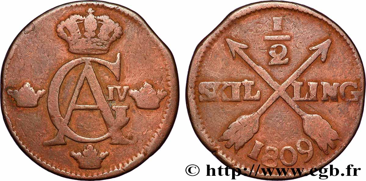 SWEDEN 1/2 Skilling Gustave IV Adolphe 1809 Kungsholmen VF