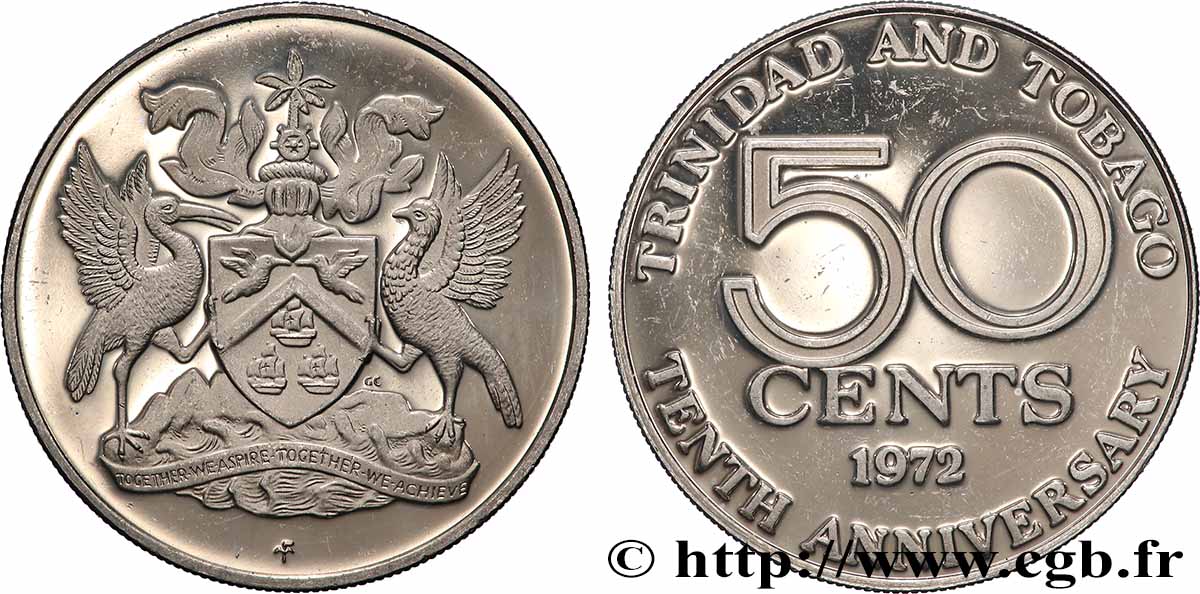 TRINIDAD E TOBAGO 50 Cents Proof 10e anniversaire de l Indépendance 1976 Franklin Mint MS
