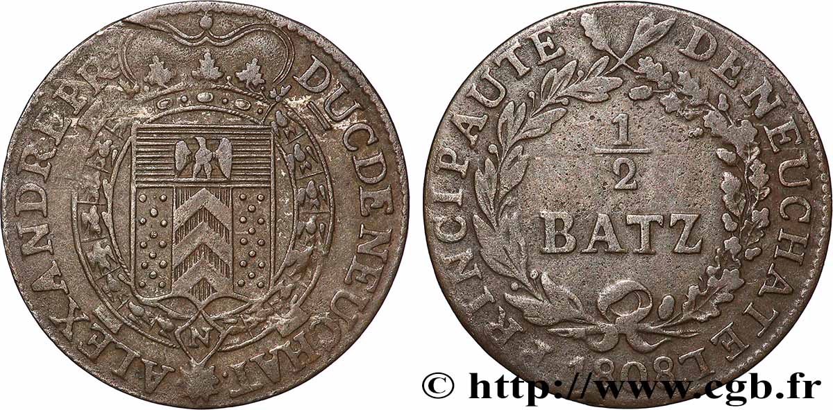 SVIZZERA - PRINCIPATO DE NEUCHÂTEL - ALEXANDRE BERTHIER 1/2 Batzen 1808 q.BB