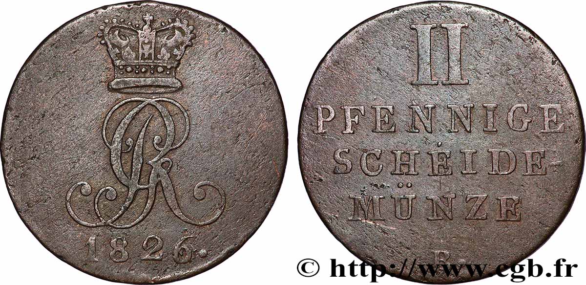 GERMANIA - HANNOVER 2 (II) Pfennige Royaume de Hanovre Georges IV 1826 Clausthal q.BB