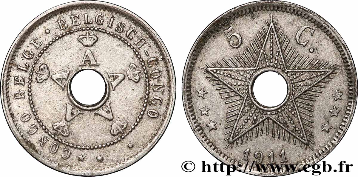 BELGIAN CONGO 5 Centimes Albert Ier 1911 Bruxelles XF