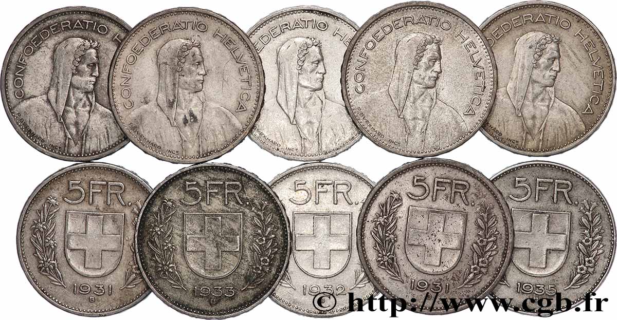 ARGENT D INVESTISSEMENT Lot de 10 x 5 Francs Berger des alpes n.d. Berne TTB