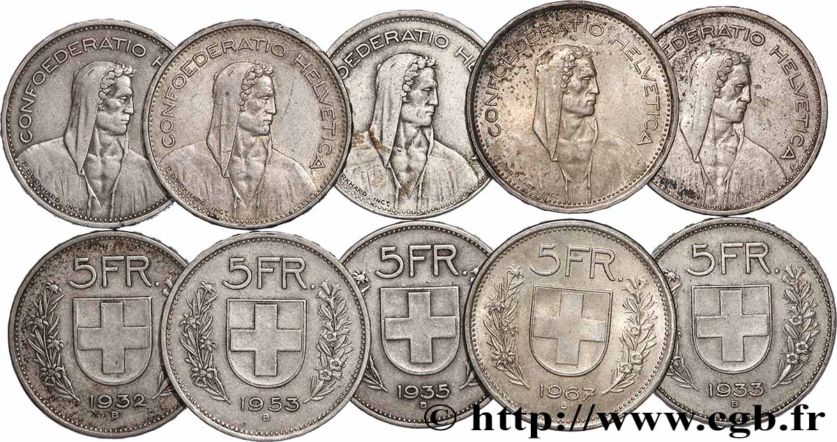 ARGENT D INVESTISSEMENT Lot de 10 x 5 Francs Berger des alpes n.d. Berne TTB