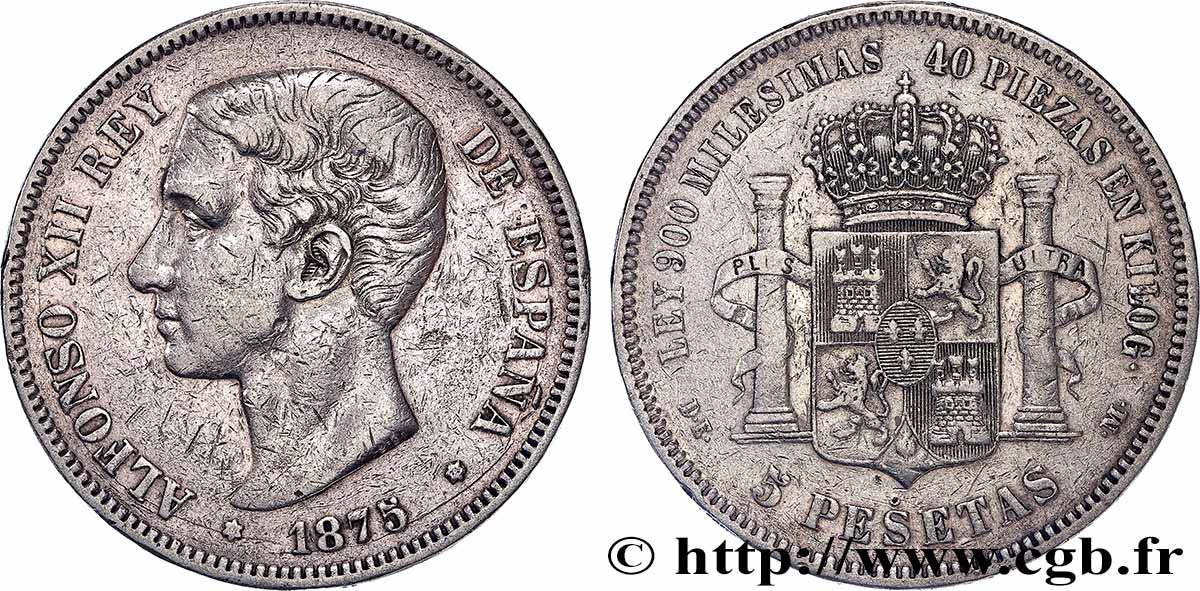 ESPAGNE - ROYAUME D ESPAGNE - ALPHONSE XII 5 Pesetas 1875 Madrid TTB