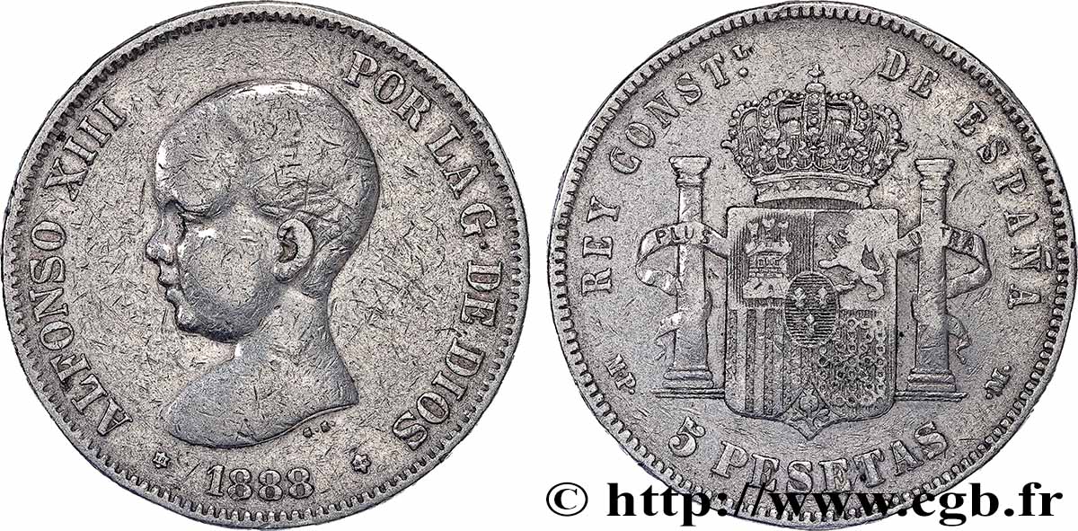 ESPAGNE - ROYAUME D ESPAGNE - ALPHONSE XIII 5 Pesetas 1er type 1888 Madrid TTB