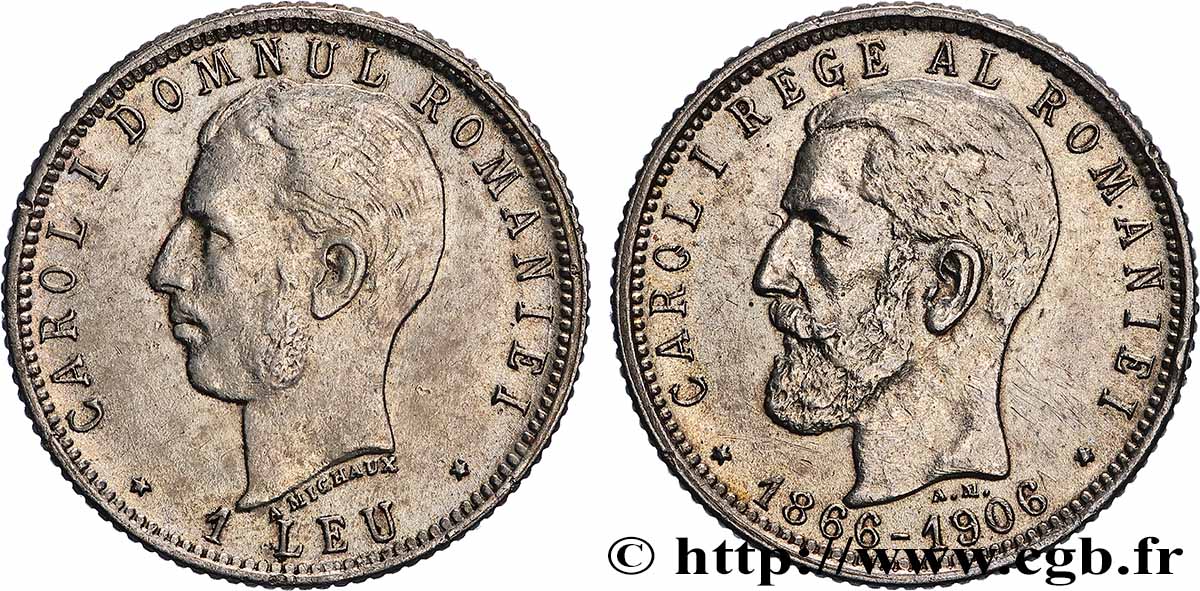 ROMANIA 1 Leu 40e anniversaire de règne du roi Charles Ier 1906 AU