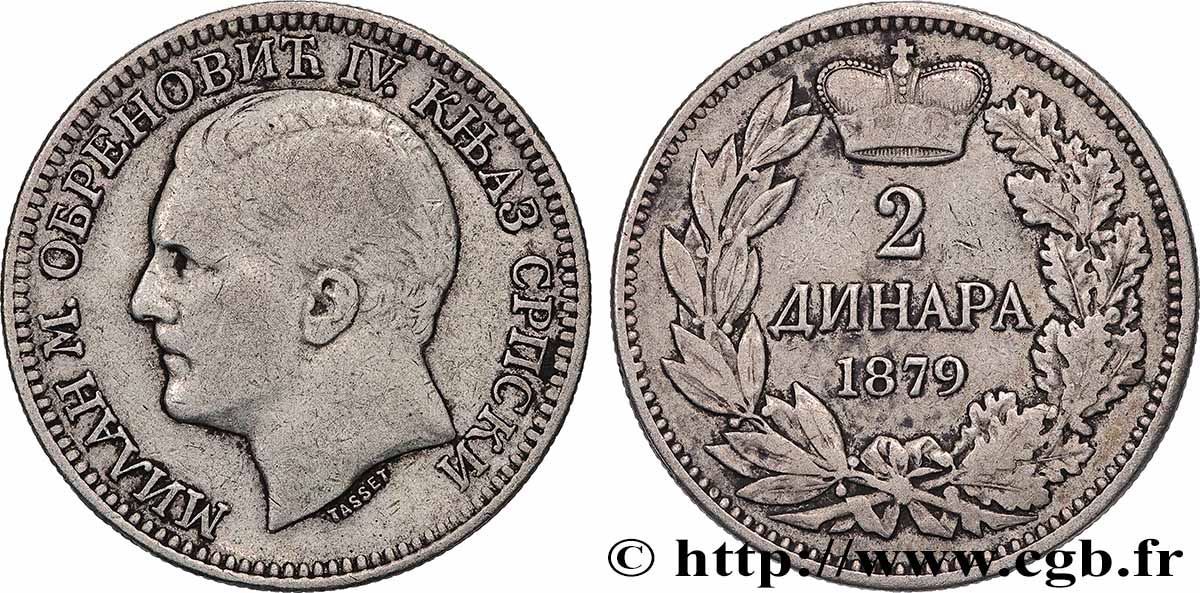 KINGDOM OF SERBIA - MILAN IV OBRENOVIC 2 dinara 1879 Vienne VF