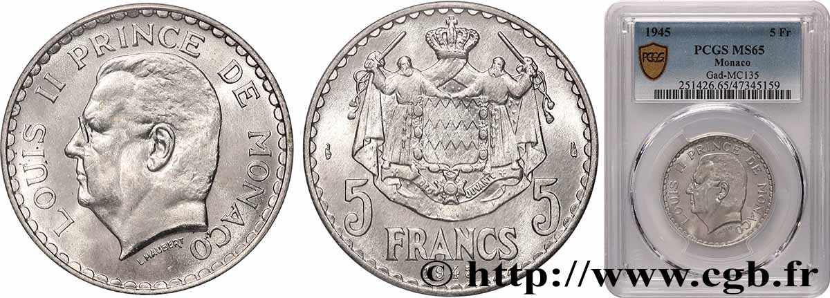 MONACO - PRINCIPALITY OF MONACO - LOUIS II 5 Francs 1945 Paris MS65 PCGS