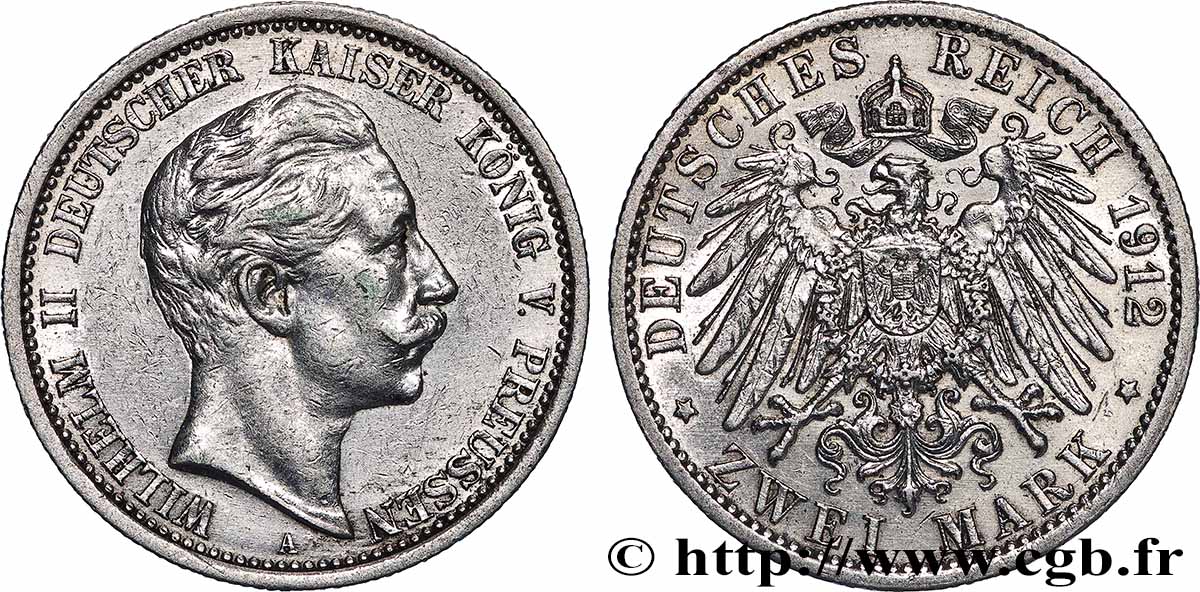 ALLEMAGNE - PRUSSE 2 Mark Guillaume II / aigle 1912 Berlin TTB+