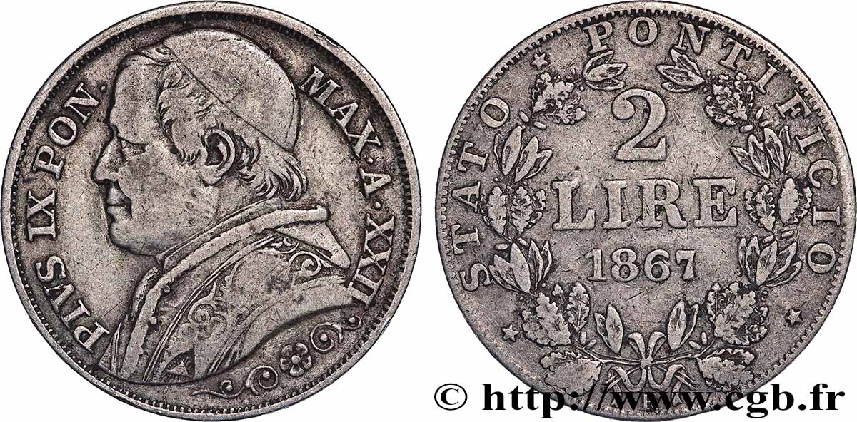 VATIKANSTAAT UND KIRCHENSTAAT 2 Lire Pie IX an XXII 1867 Rome SS