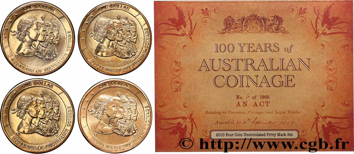 AUSTRALIEN Série 4 monnaies 1 Dollar Centenaire de la monnaie australienne - marques ADHP 2010 Canberra ST
