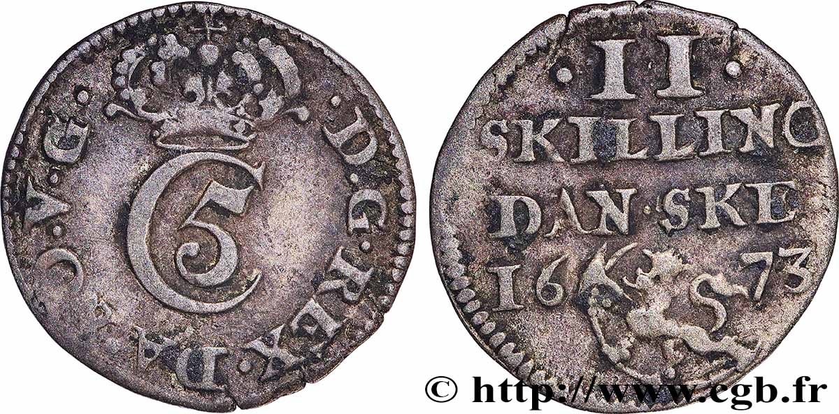 NORWAY - KINGDOM OF NORWAY - CHRISTIAN V 2 Skilling 1673 Konsberg XF