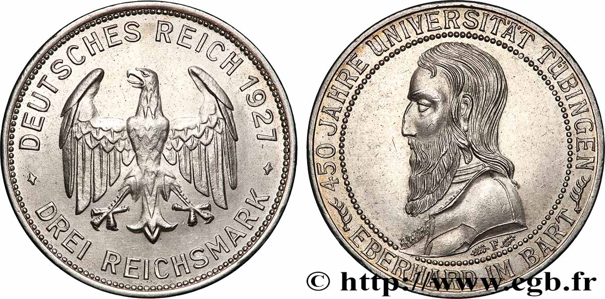 GERMANY 3 Reichsmark 450e anniversaire de la fondation de Tubingen 1927 Stuttgart AU
