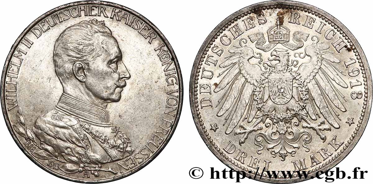 GERMANY - PRUSSIA 3 Mark 25e anniversaire de règne de Guillaume II 1913 Berlin AU/AU
