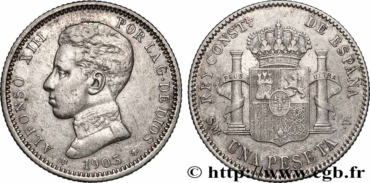 SPANIEN 1 Peseta Alphonse XIII 4e type de buste 1903 Madrid SS
