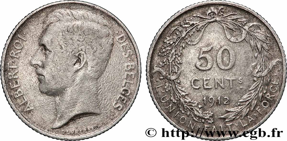 BELGIUM 50 Centimes Albert Ier légende en Français 1912 XF