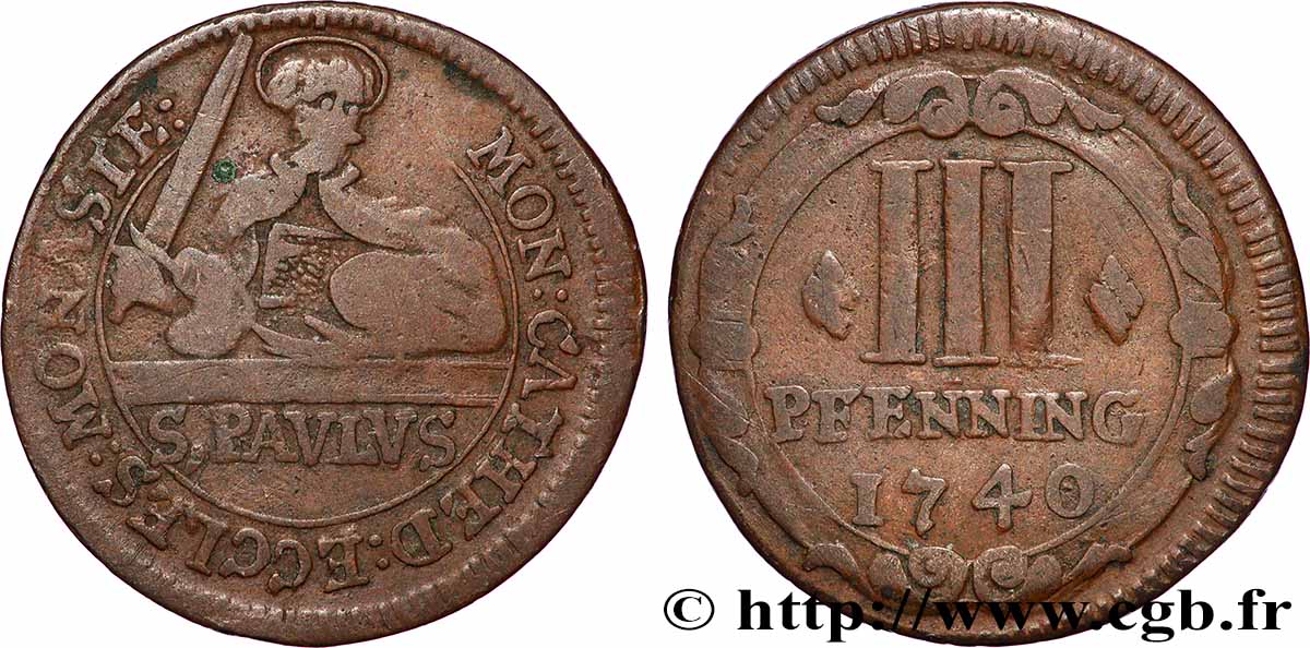 GERMANY - MUNSTER 3 Pfenning Chapitre de la Cathédrale de Munster 1740 VF