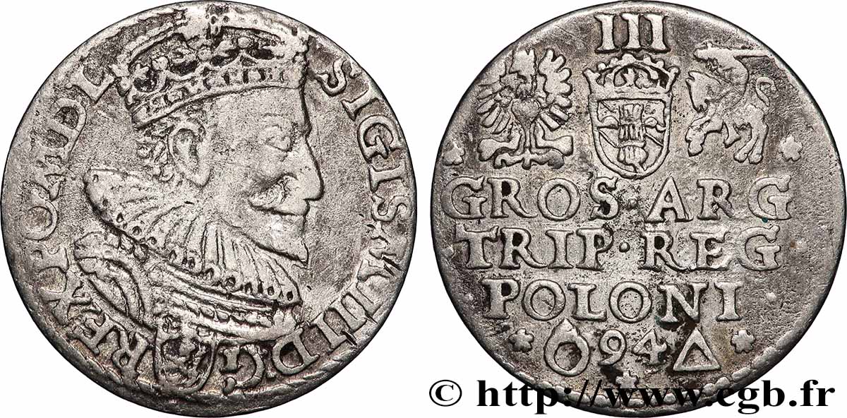 POLAND - SIGISMUND III VASA 3 Groschen ou trojak ryski 1594 Poznan XF
