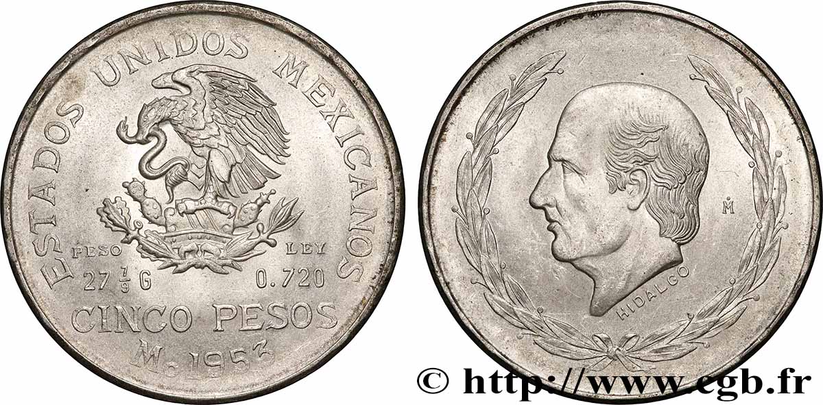 MEXICO 5 Pesos Bicentenaire de la naissance d’Hidalgo 1953 Mexico AU