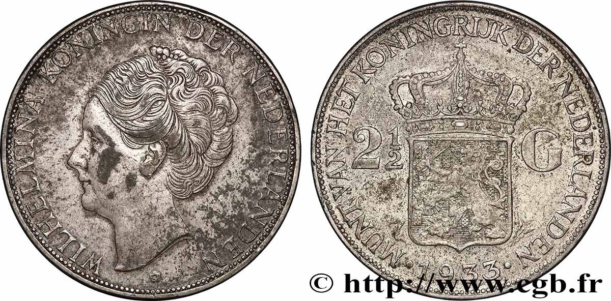 PAESI BASSI 2 1/2 Gulden Wilhelmina 1933 q.SPL/BB