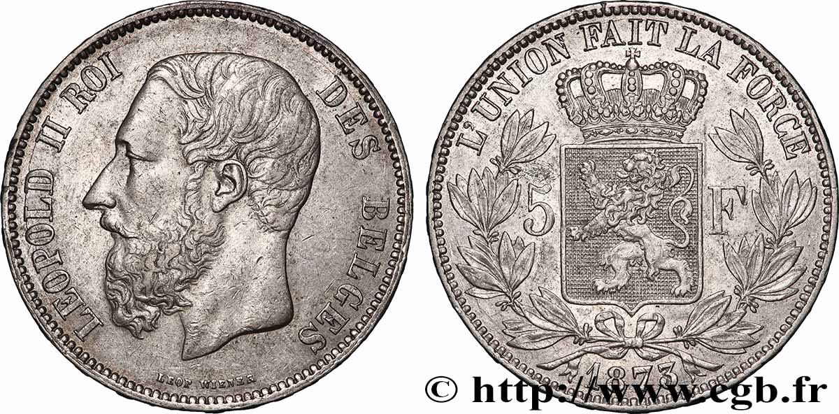 BELGIQUE - ROYAUME DE BELGIQUE - LÉOPOLD II 5 Francs 1873 TTB+