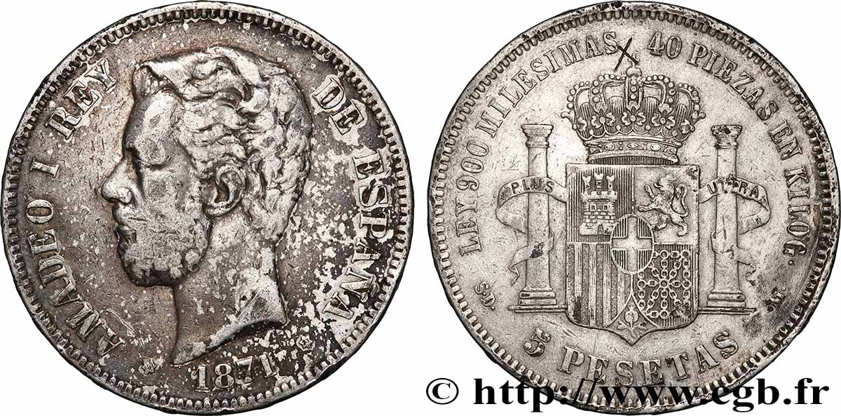 ESPAGNE - ROYAUME D ESPAGNE - AMÉDÉE Ier 5 Pesetas 1871 Madrid TB+