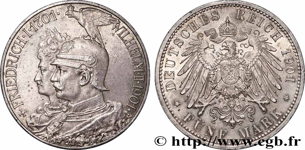GERMANIA - REGNO DI PRUSSIA - GUGLIELMO II 5 Mark bicentenaire du royaume de Prusse 1901 Berlin q.SPL/SPL