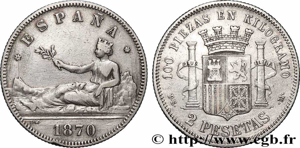 SPANIEN 2 Pesetas “ESPAÑA” 1870 Madrid SS