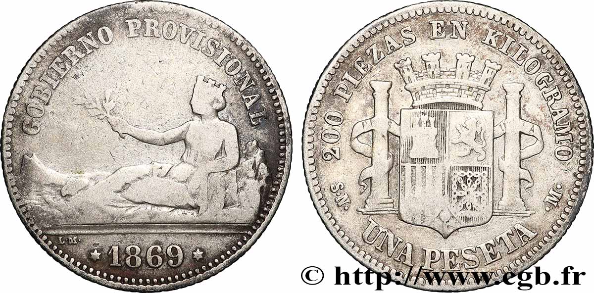 ESPAGNE 1 Peseta monnayage provisoire avec mention “Gobierno Provisional” 1869 Madrid TB+/TTB