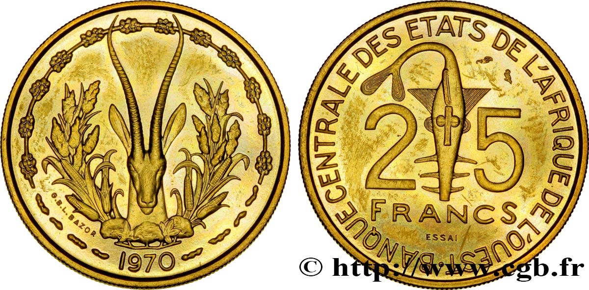 ÉTATS DE L AFRIQUE DE L OUEST (BCEAO) Essai 25 Francs masque / antilope 1970  SPL 