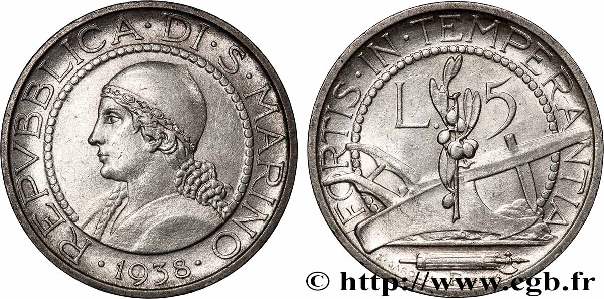 SAN MARINO 5 Lire portrait de femme 1938 Rome VZ
