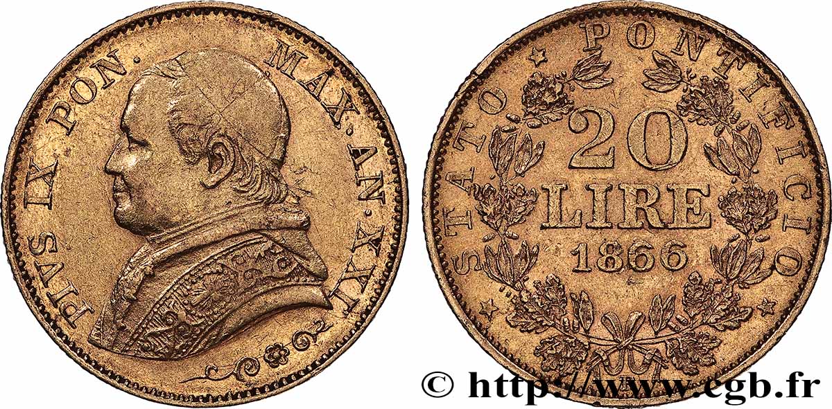 ITALIE - ÉTATS DU PAPE - PIE IX (Jean-Marie Mastai Ferretti) 20 Lire Pie IX an XXI 1866 Rome TTB/TTB+