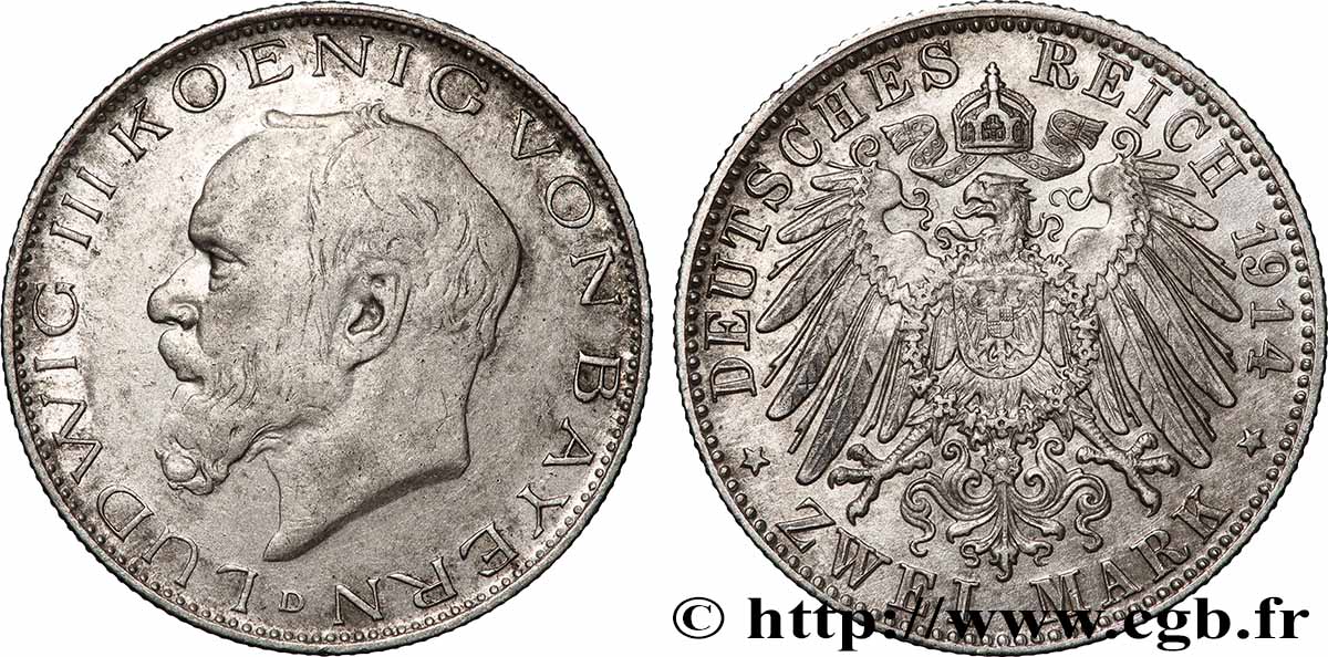 ALLEMAGNE - BAVIÈRE 2 Mark Louis III 1914 Munich TTB+