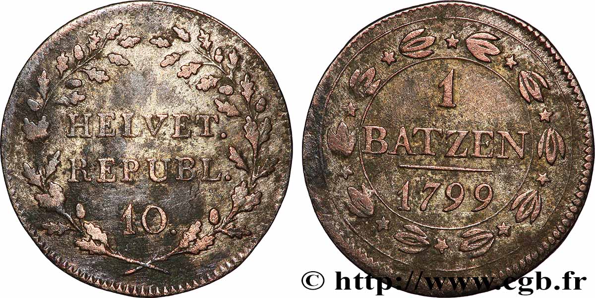SUISSE - RÉPUBLIQUE HELVÉTIQUE 1 Batzen (10 Rappen) République Helvétique 1799 TB