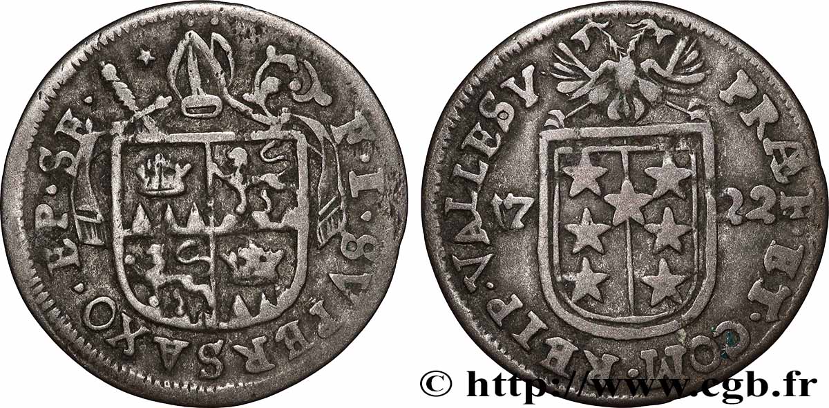 SUIZA - CANTÓN DEL VALAIS 1 Batzen canton du Valais (Sitten) frappe au nom de l’évêque François-Joseph Supersaxo 1722 MBC