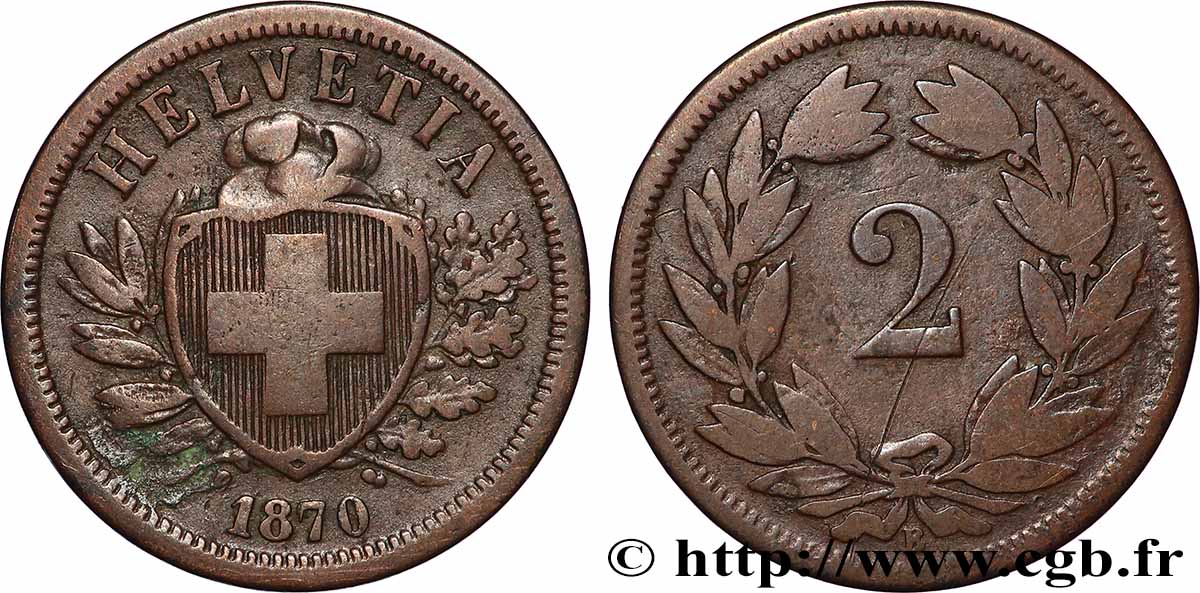 SUISSE 2 Centimes (Rappen) 1870 Berne TTB