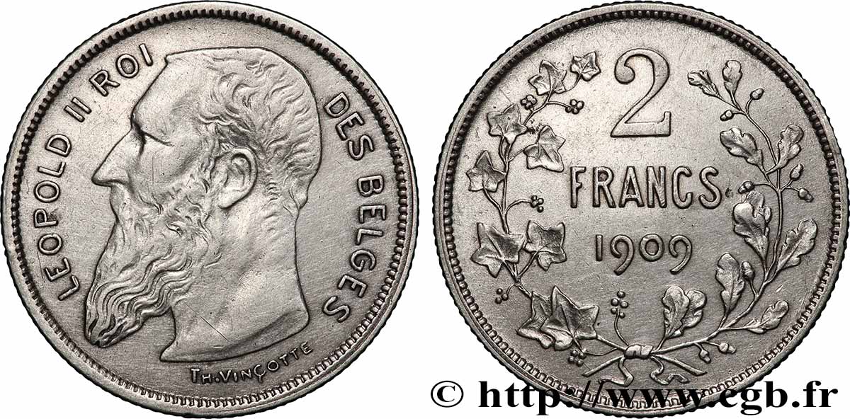 BELGIQUE - ROYAUME DE BELGIQUE - LÉOPOLD II 2 Francs légende française 1909 Bruxelles AU