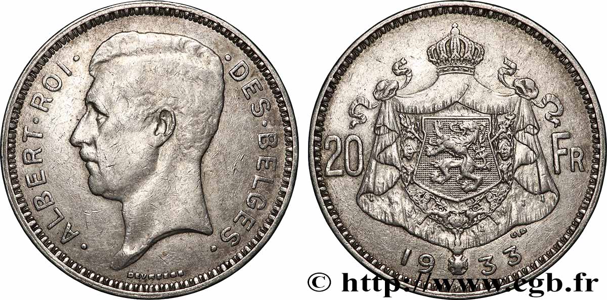 BELGIQUE 20 Francs Albert Ier légende Française position B 1933 TTB