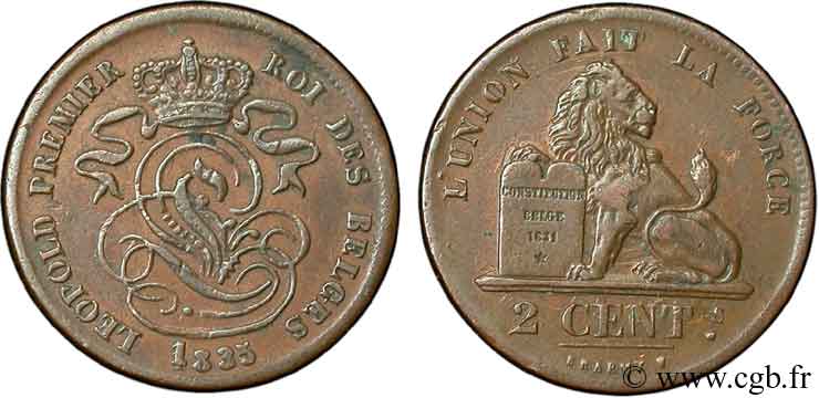 BELGIQUE 2 Centimes lion monogramme de Léopold Ier 1835  SUP 
