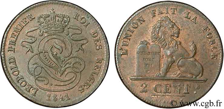 BELGIQUE 2 Centimes lion monogramme de Léopold Ier 1841  SPL 