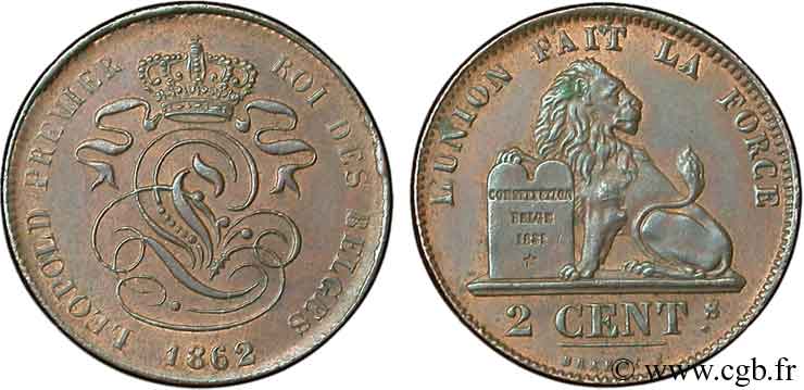 BELGIQUE 2 Centimes lion monogramme de Léopold Ier 1862  SPL 