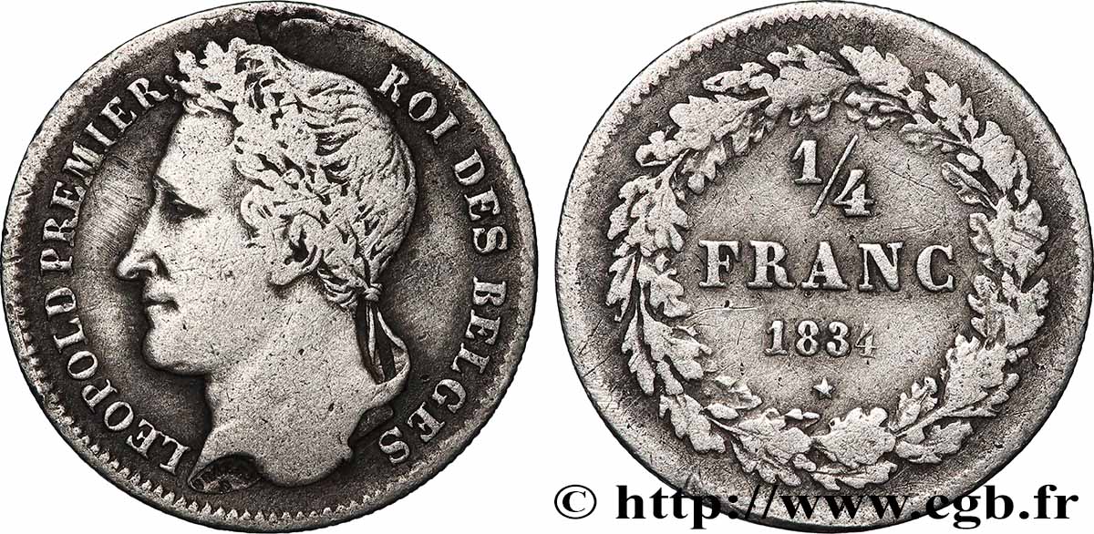 BELGIUM - KINGDOM OF BELGIUM - LEOPOLD I 1/4 Franc Léopold Ier type avec signature 1834 Bruxelles VF