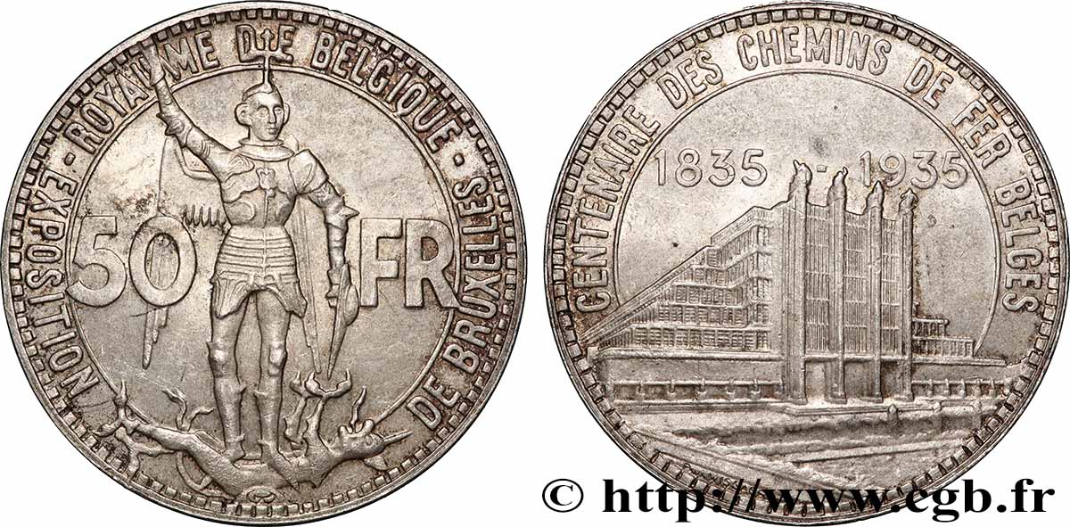 BELGIO 50 Francs Exposition de Bruxelles et centenaire des chemins de fer belge 1935 q.SPL