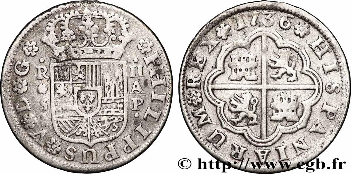ESPAGNE 2 Reales au nom de Philippe V d’Espagne 1736 Séville TTB