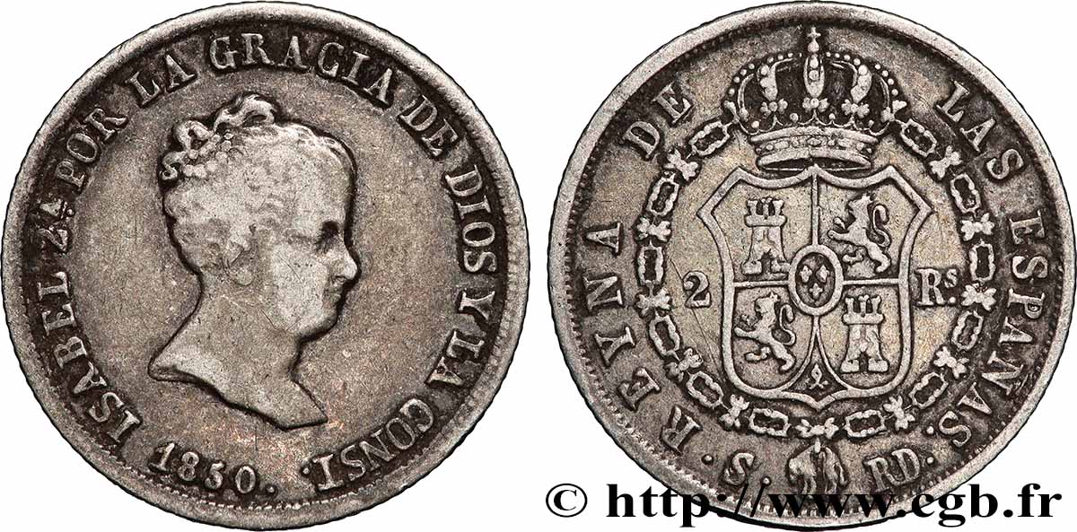 ESPAGNE - ROYAUME D ESPAGNE - ISABELLE II 2 Reales 1850 Madrid TTB